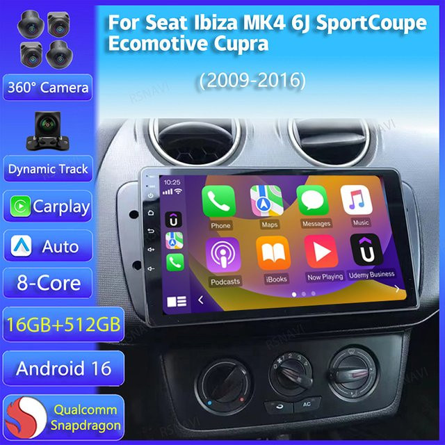 RSNAVI Android 16 Multimedia-Autoradio-Player mit CarPlay, WIFI und Bluetooth für Seat Ibiza MK4 6J SportCoupe Ecomotive Cupra 2009-2016, Schwarz - Bild 1
