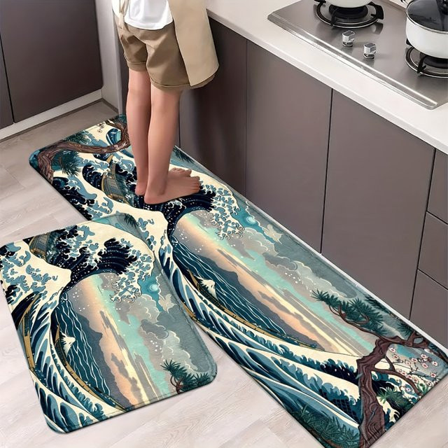 VIKAMA Küchenteppich Japanischer Ukiyo-e Kanagawa Surf, rutschfest und waschbar, Mehrfarbig - Bild 1