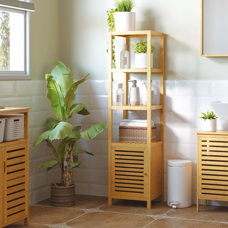 HOMCOM Badschrank aus Bambus in Natur mit 3 offenen Fächern und Türen, B/T/H: 36 x 33 x 140 cm - Bild 2