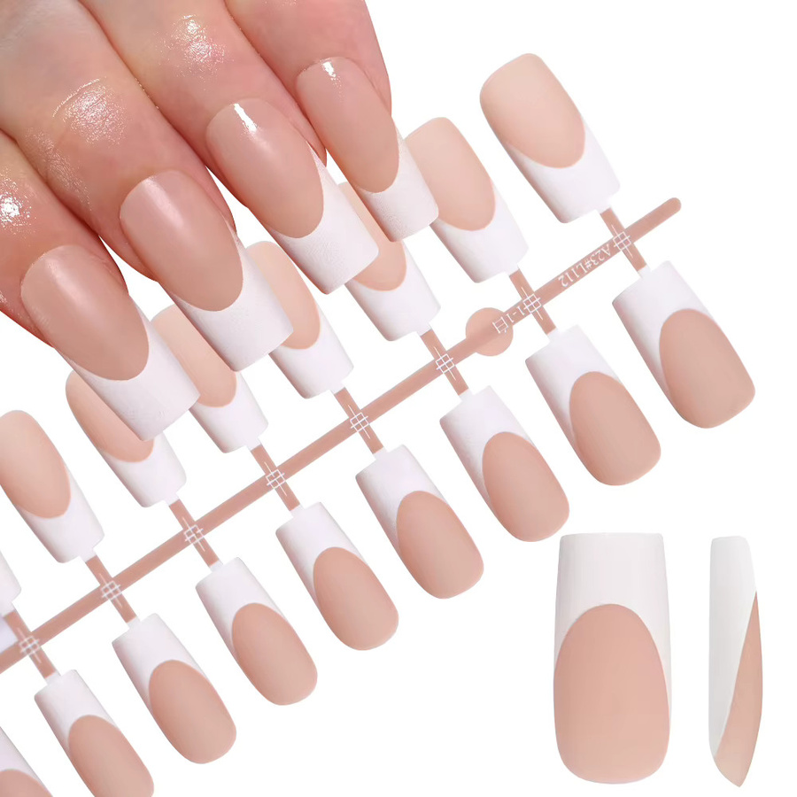 Künstliche Nägel, 120 Stück, Sargform, weißes Randdesign, matt, nude - Bild 2