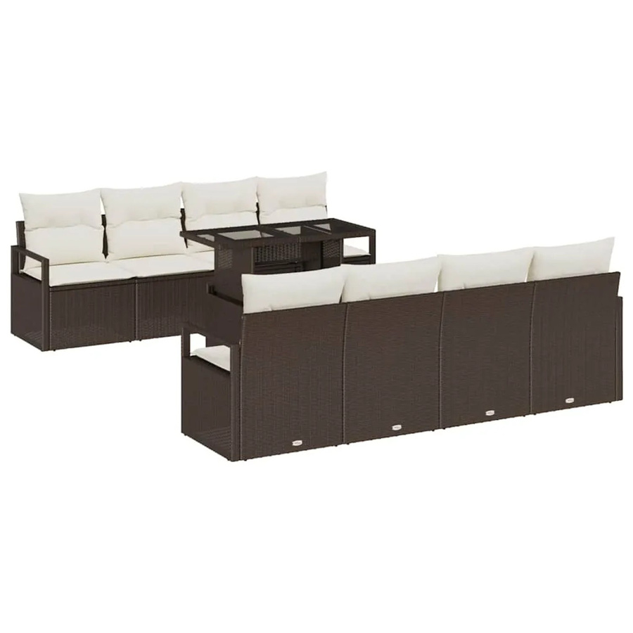 vidaXL Garten-Sofa-Set aus braunem Poly Rattan mit 9 Teilen, inklusive Tisch, Sitzmöbeln mit Polstern und integriertem Stauraum - Bild 2