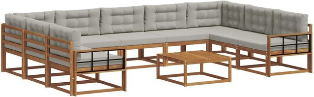 vidaXL Outdoor-Sofagarnitur aus Akazienholz in L-Form mit 10-teiligem Set, Farbe: Natur und Hellgrau - Bild 1