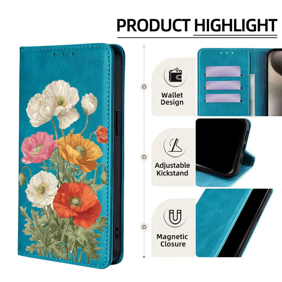 Xiaomi Poco C85 C75 C71 C61 C65 C51 C50 Magnetklapphülle in Brieftaschen-Optik mit Blumenmuster aus Leder, Mehrfarbig/Rot - Bild 2