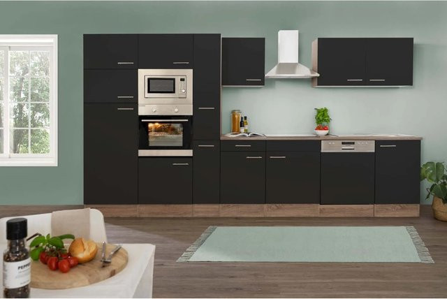 Respekta Küchenzeile York ohne E-Geräte in Schwarz Seidenglanz-Eiche, B: 370 cm, H: 205 cm, T: 55,5 cm - Bild 1
