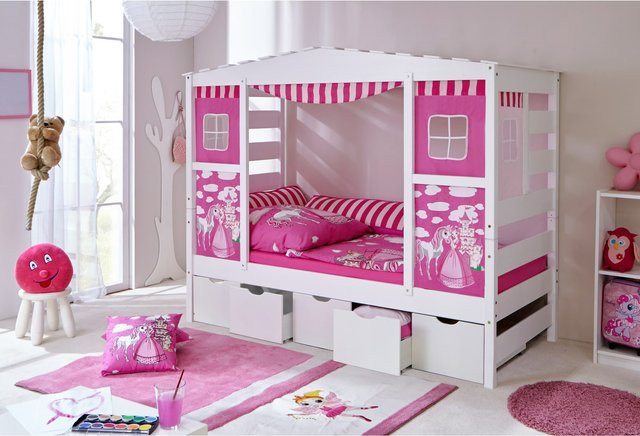 TiCAA Hausbett Horse Rosa aus Kiefer mit Bettkasten in Weiß und floralem Design - Bild 1