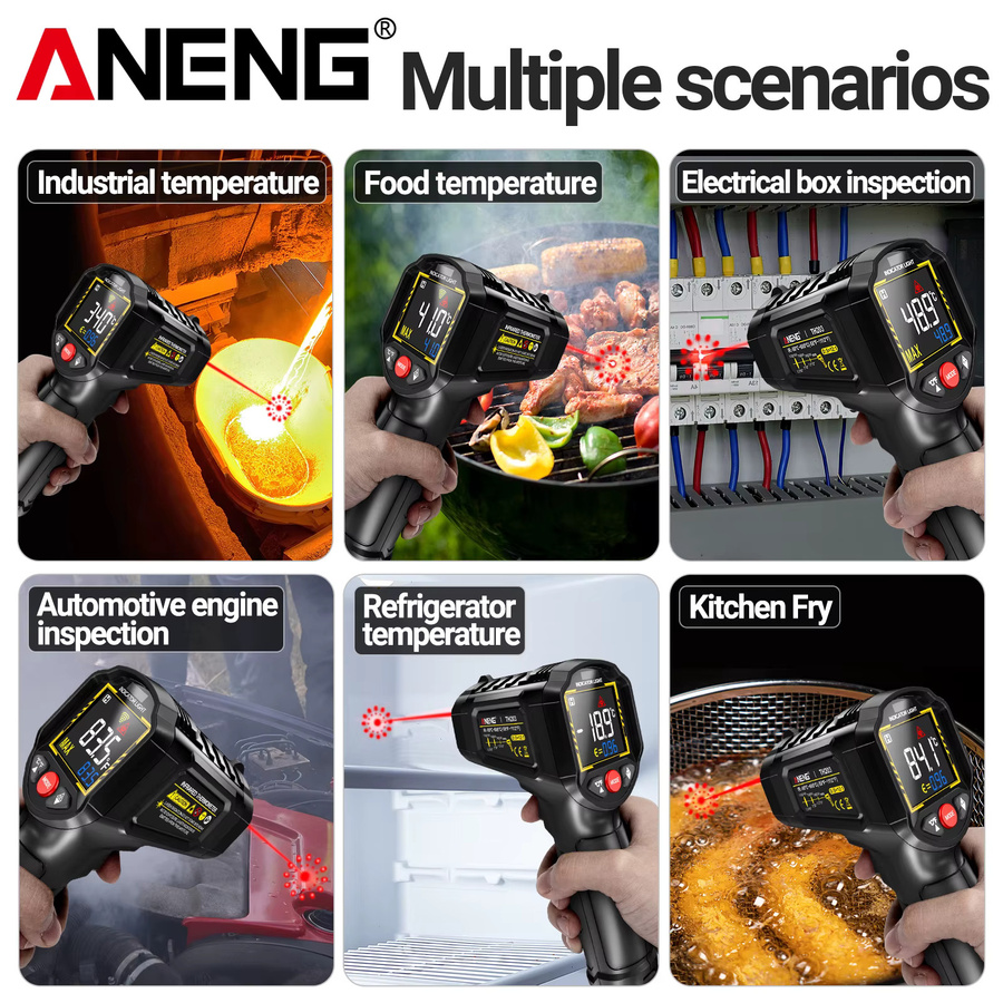ANENG TH203 Infrarot-Thermometer in Schwarz mit einstellbarer Emissivität, Laserpositionierung und Alarmfunktion für den Bereich -50 bis 600 °C / 1112 °F - Bild 5