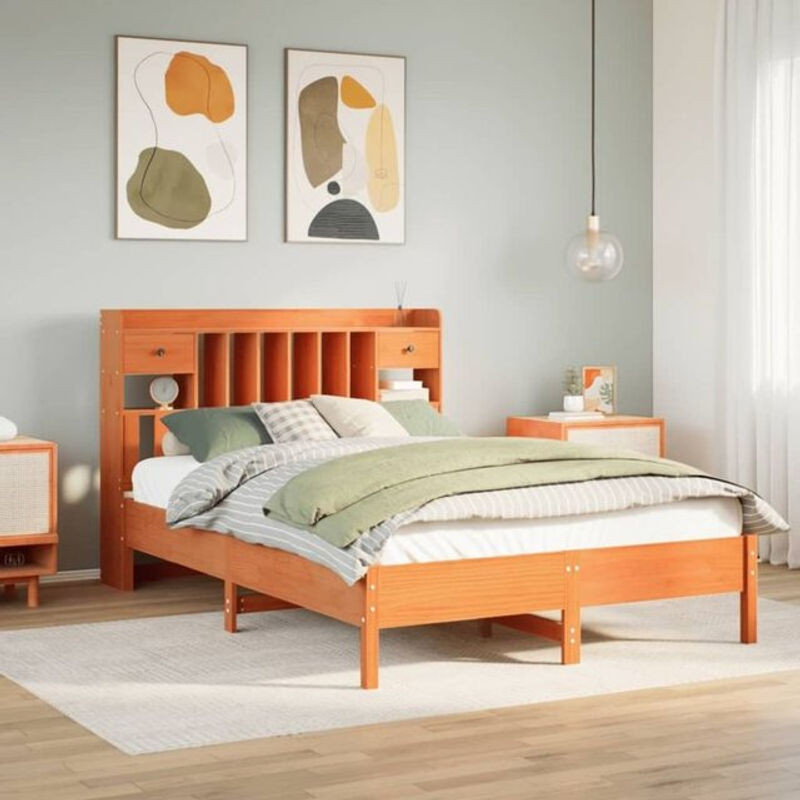 Massivholzbett aus Kiefer mit Regal in Braun von Vidaxl, B/T/H: 135 x 190 cm - Bild 1