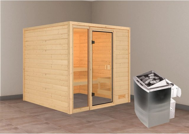Karibu Massivholzsauna Jutta mit 9,0 kW Ofen und integrierter Steuerung, Farbe Braun, B/T/H: 196 x 196 x 187 cm - Bild 1