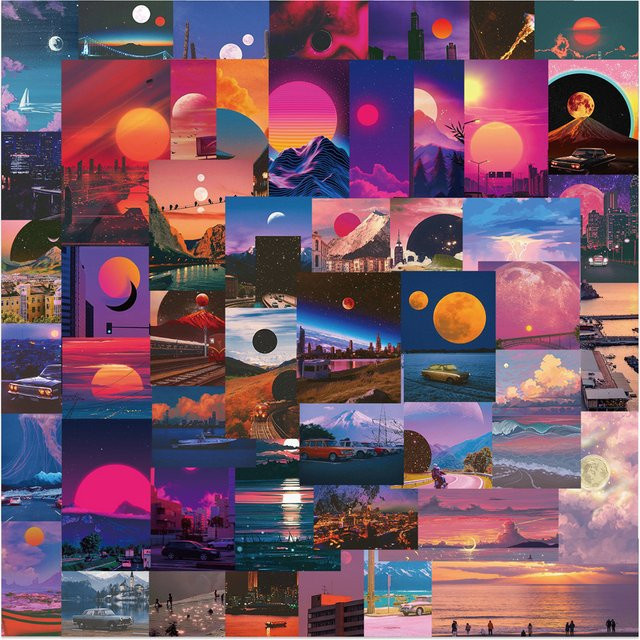 Charile Ästhetische Aufkleber mit Sonnenuntergangslandschaft und Graffiti-Motiven in Multicolour für DIY-Dekorationen an Wasserflaschen, Koffern und Telefonen - Bild 1