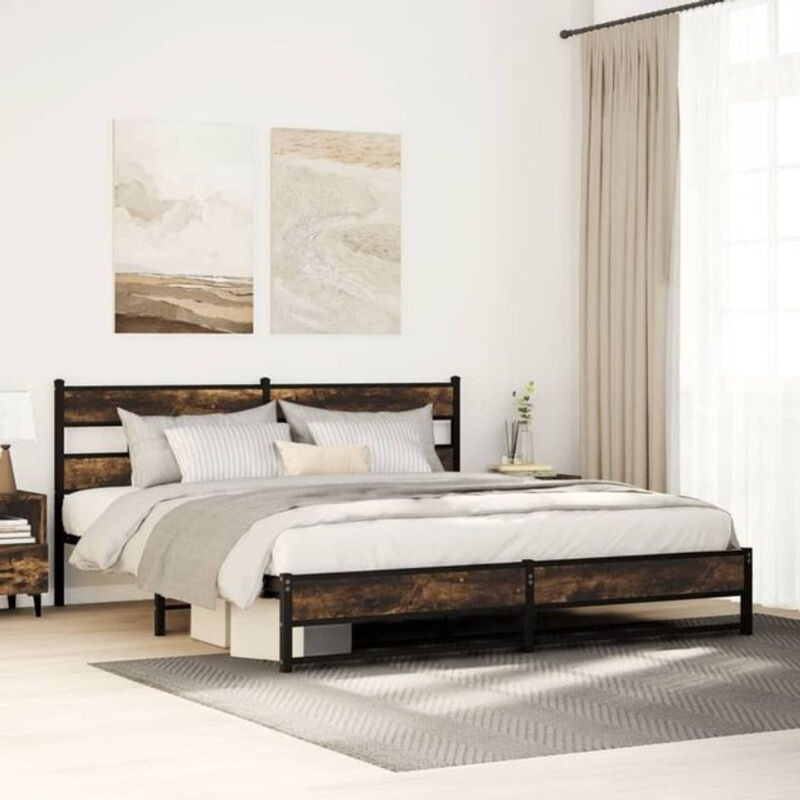 Metallbett vidaxl in Räuchereiche Braun im Industrial Design ohne Matratze B/T/H: 183 x 213 x 91,5 cm - Bild 1