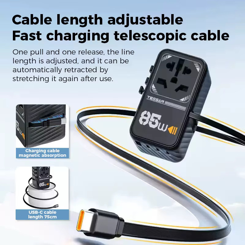 TESSAN 85W GaN Universal-Reiseadapter Schwarz mit einziehbarem USB-C-PD-Kabel als All-in-One-Weltladegerät für EU, UK, US und AUS - Bild 3