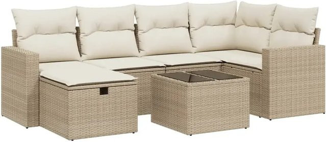 vidaXL 7-tlg. Garten-Sofagarnitur in L-Form aus PE-Rattan und pulverbeschichtetem Stahl mit cremeweißen Kissen in Beige - Bild 1