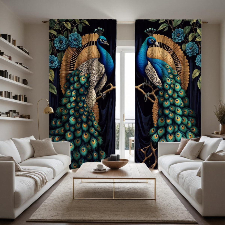 2er-Set dekorative Vorhänge mit Pfauen-Motiv in Blau, semi-transparent, moderner Stil, B: 132 cm, H: 160 cm - Bild 2