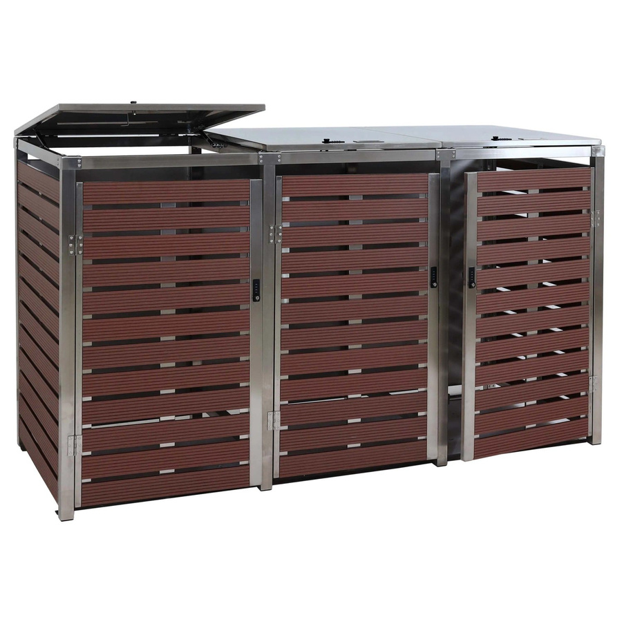 Mülltonnenverkleidung MCW-K14 3er Mülltonnenbox aus WPC und Edelstahl in Walnuss-Holzoptik, B/T/H: 200 x 120 x 85 cm - Bild 2