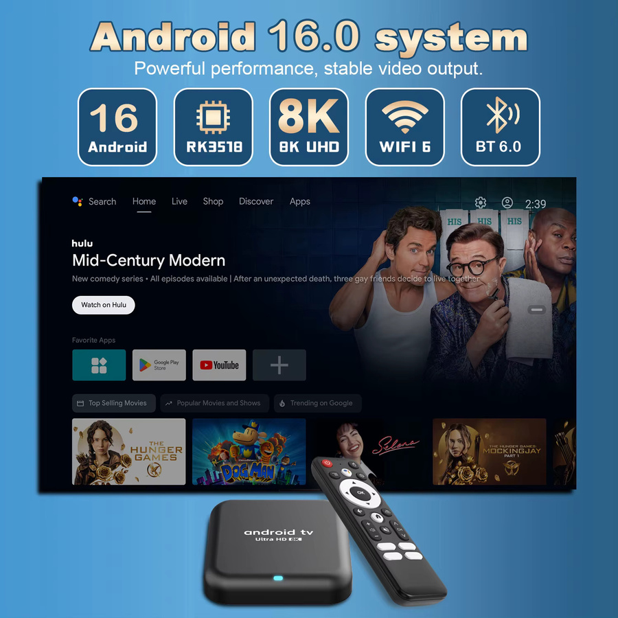 Smart TV Box Android 16 Q18 Media Player mit RK3518 Prozessor, 8K Video, Dual Wifi 5G/Wifi6, Bluetooth 6.0 und Google Assistant, Schwarz - Bild 2