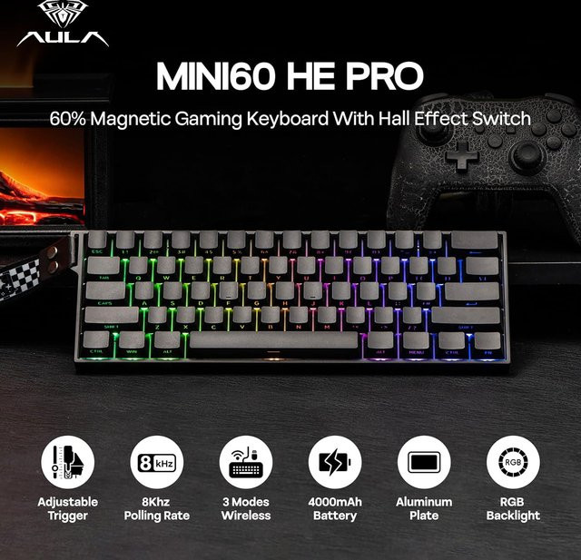 AULA Mini60 HE/Pro/Max 60 % mechanische Tastatur mit Magnetschalter, RGB, Tri-Mode kabellos, 8000 Hz und 0,01 mm RT, Schwarz - Bild 1