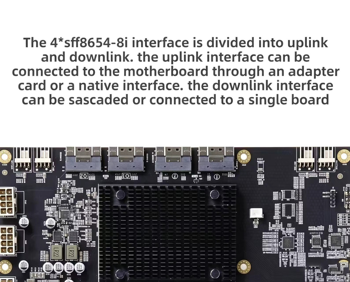 Hua Lai Jie PLX88096 PCIe 4.0 Erweiterungskarte für vier GPUs, SFF-8654 zu 4x PCI-E x16, Schwarz - Bild 3