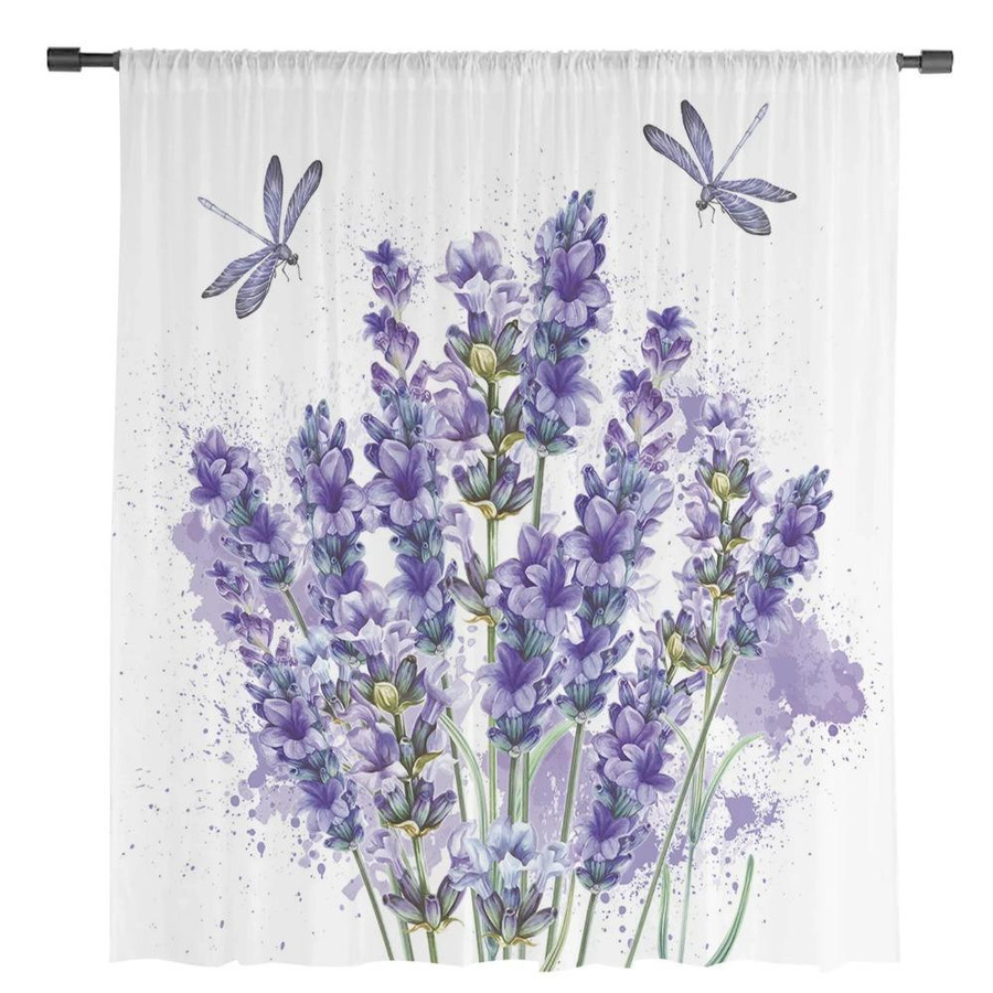 Yiran Furniture Transparenter Voile-Vorhang mit Blumen, Lavendel und Libelle in Weiß, Breite: 135 cm, Höhe: 115 cm - Bild 2