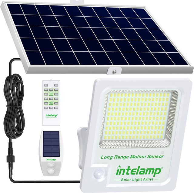 intelamp Solar-Flutlichtstrahler für den Außenbereich mit großem Solarpanel, 12000 mAh, zwei Bewegungssensoren und 5 m Kabel, Farbe: Weiß - Bild 1