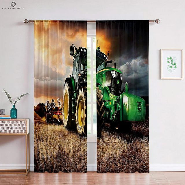 2er-Set Fenstergardinen mit 3D-Traktor-Print, halbtransparente Dekoration für Wohnzimmer oder Schlafzimmer, Breite: 70 cm, Höhe: 100 cm - Bild 1