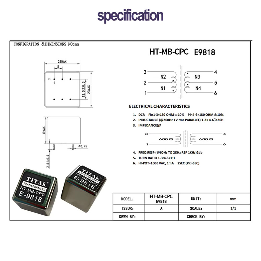 TITAK-9818 Audio-Isolator mit RCA/XLR Permalloy-Isolationstransformator für symmetrische und unsymmetrische Konvertierung, 600:600 20 Hz–20 kHz - Bild 2