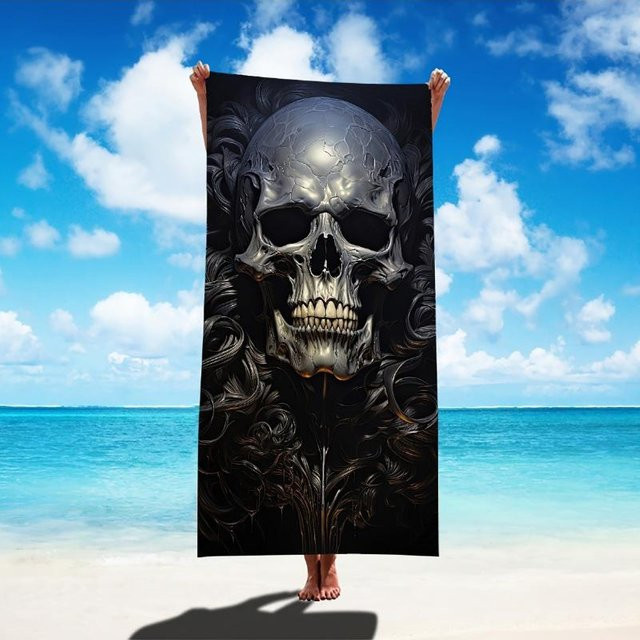 Schnelltrocknendes Mikrofaser-Strandtuch von JMG Household Supplies mit gotischem Totenkopf-Design in Schwarz, B/H: 100 x 50 cm - Bild 1