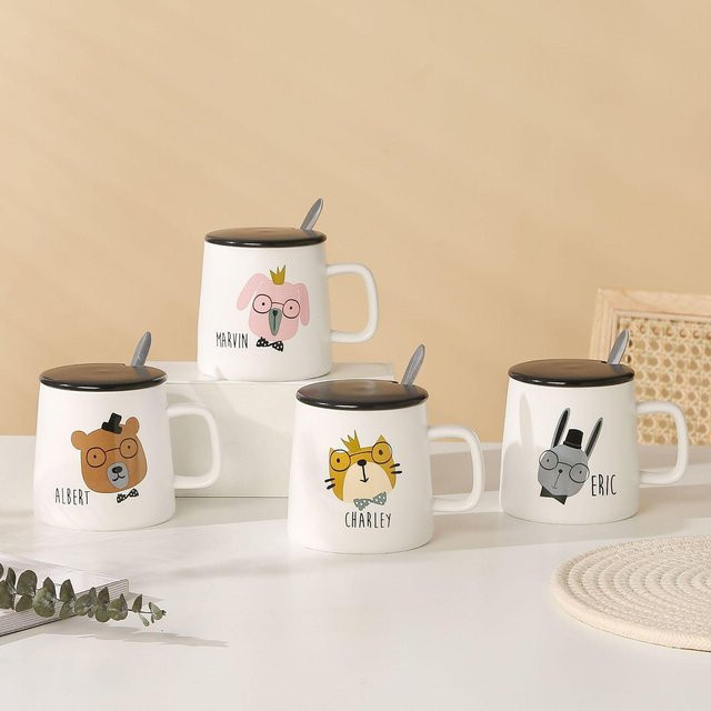 Niedliche Cartoon Tier Keramiktasse mit Deckel von Yiran Furniture, Weiß, 320 ml - Bild 1