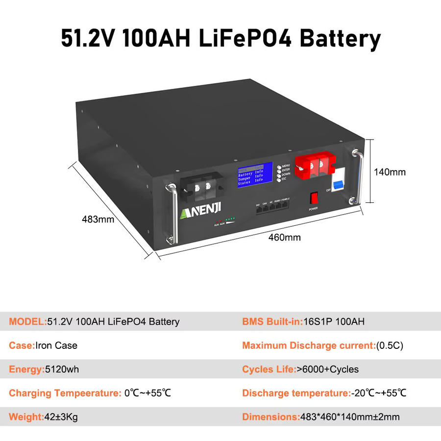 ANENJI LiFePO4-Akku 51,2V 100Ah 5kWh in Schwarz mit BMS und RS485/CAN für Heim-Solarsysteme - Bild 4