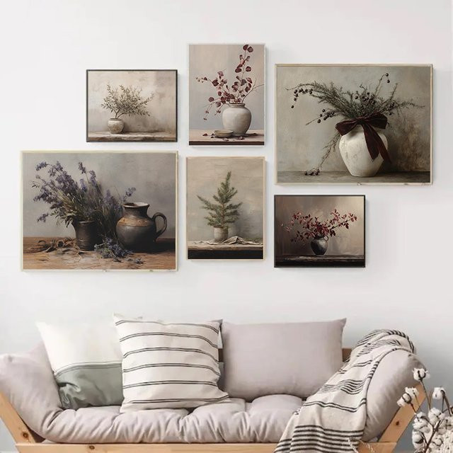 Potdemiel Leinwand Malerei Vintage Stillleben mit Blumen in Keramikvase, Wandkunst Botanik Mehrfarbig - Bild 1