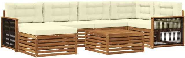 vidaXL Outdoor-Sofagarnitur L-Form aus Akazienholz mit 7 Kissen in Natur und Beige - Bild 1