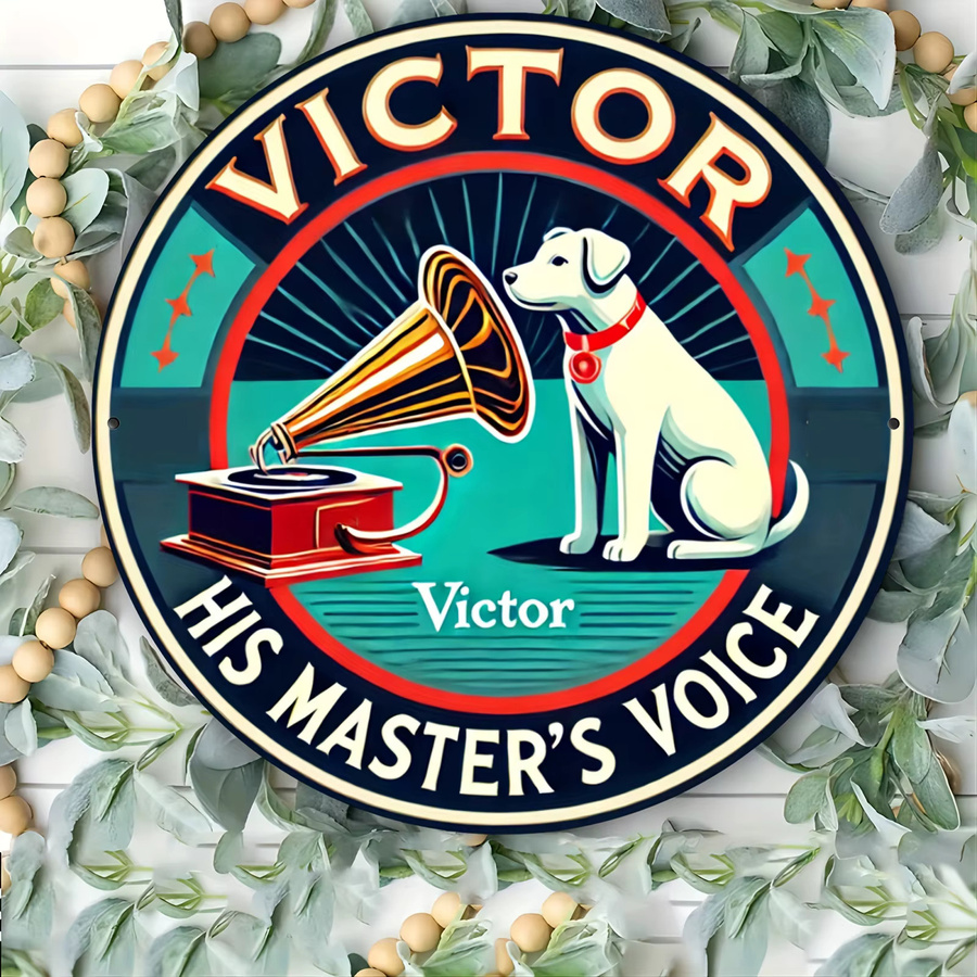 Victor His Master's Voice Rundes Aluminiumschild von Potdemiel – Vintage Metallwandkunst mit Hund und Grammophon, Mehrfarbig, Durchmesser: 20,3 cm - Bild 4