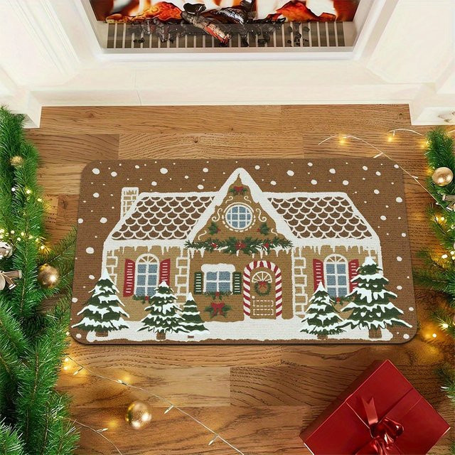 VIKAMA Weihnachtliche Bodenmatte mit Lebkuchenhaus Motiv, rutschfester Dekorteppich für den Eingangsbereich - Bild 1