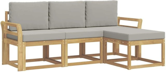 vidaXL Outdoor-Sofagarnitur 4-teilig in L-Form aus Akazienholz mit Polsterkissen in Weiß und Hellgrau - Bild 1