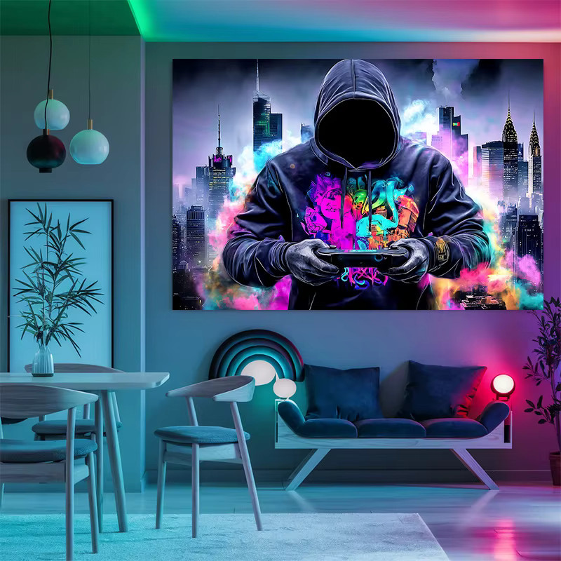 VIKAMA Wandtapisserie Esports Neon Game Controller City Skyline Design, Mehrfarbig, B/H: 60 x 40 cm - Bild 3