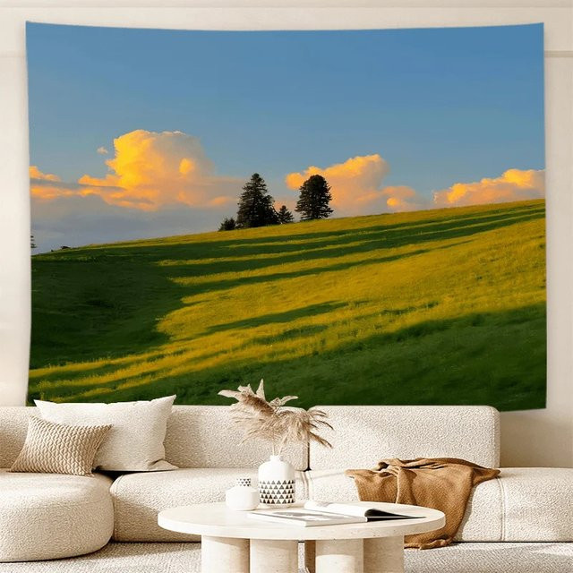 VIKAMA Wandteppich Sonnenuntergang auf der Wiese mit Naturlandschaft in Grün, Blau und Gold - Bild 1