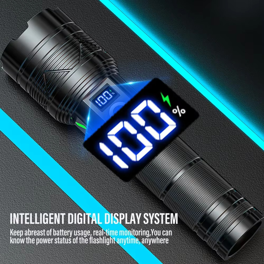 ZHIYU LED-Taschenlampe mit 10000 Lumen, USB-Aufladung, Teleskop-Zoom und Leistungsanzeige, Schwarz - Bild 6