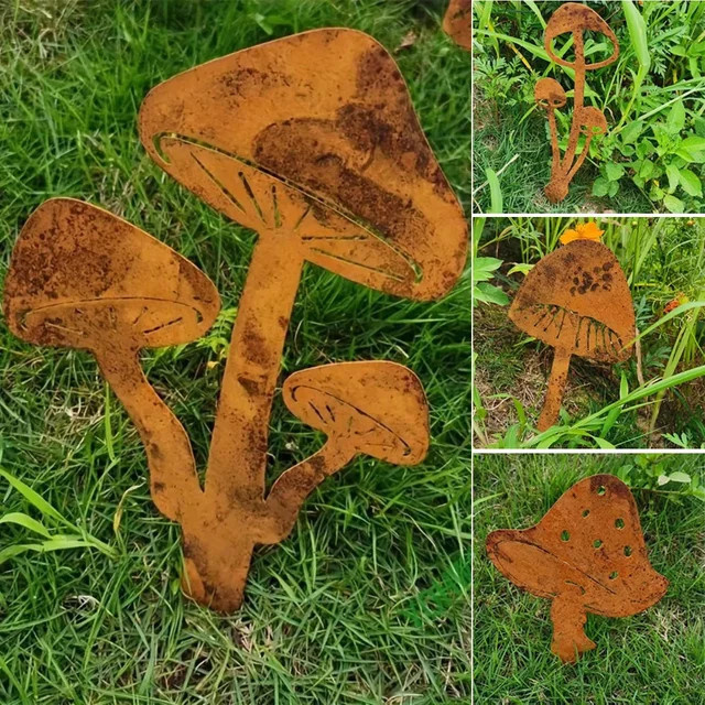 Rustiges Eisen-Pilz-Gartenornament in Braun als langlebige Dekoration für Garten und Außenbereich - Bild 1