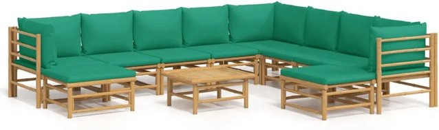 vidaXL 11-tlg Garten-Lounge-Set aus geöltem Bambus mit grünen Kissen - Bild 1