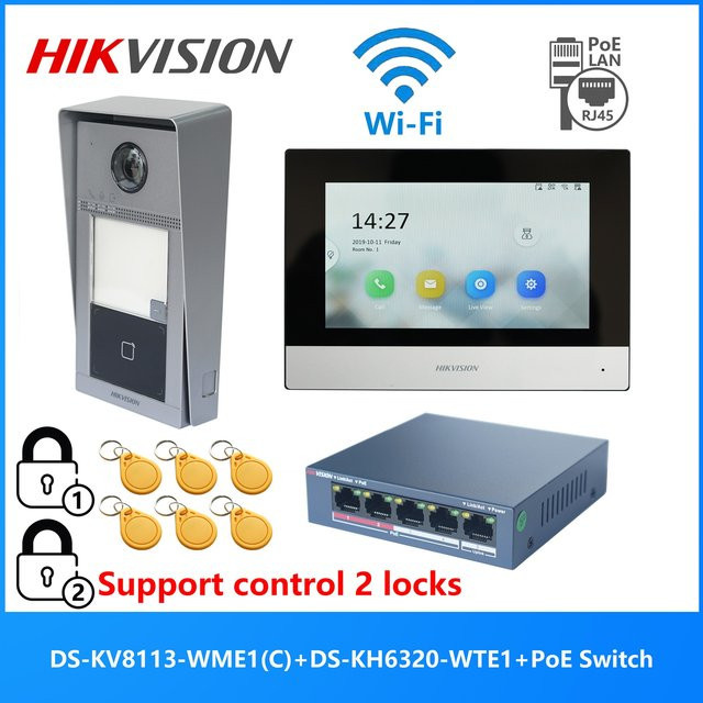 HIKVISION Video-Gegensprechanlage-KIT mit PoE-Switch, bestehend aus DS-KV8113-WME1(C) und DS-KH6320-WTE1 - Bild 1