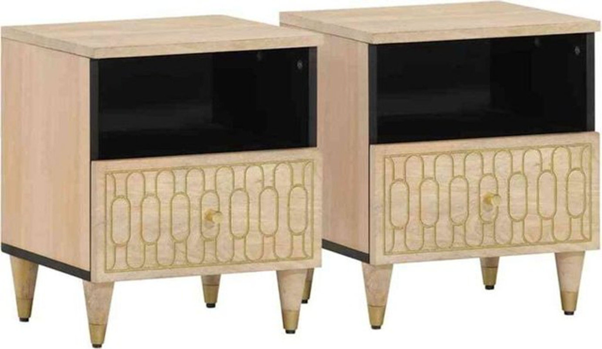 2er-Set Nachttische aus Massivholz Mango von Vidaxl in Braun und Natur im Retro-Stil, B/T/H: 40 x 33 x 46 cm - Bild 1