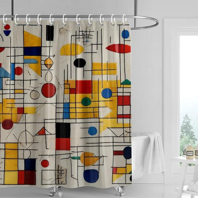 Duschvorhang mit abstraktem Pflanzenmotiv in Morandi-Farben, wasserdicht und schimmelresistent, Nordischer Stil, B/H: 180 x 200 cm - Bild 1