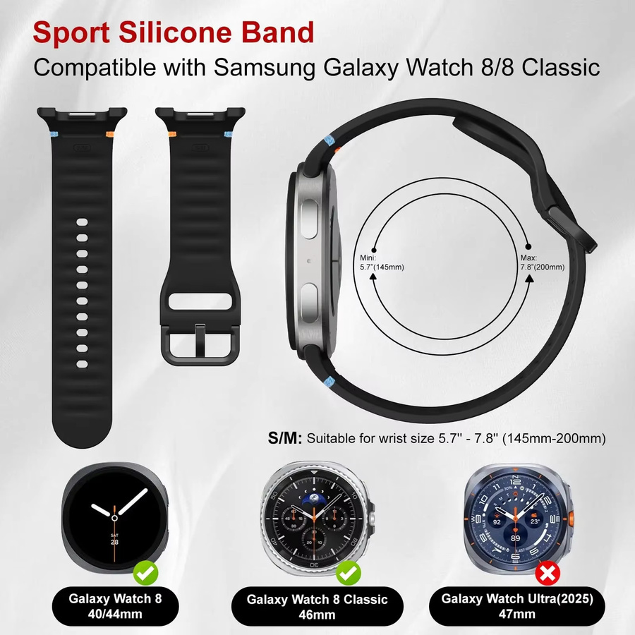 Silikonarmband für Samsung Galaxy Watch 8, Schwarz, Unisex - Bild 4