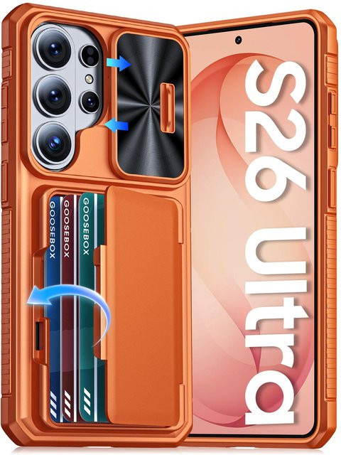 Samsung Galaxy S26 Ultra Handyhülle mit Kartenhalter, schiebbarer Kameraabdeckung und Ständer in Champagner Orange - Bild 1