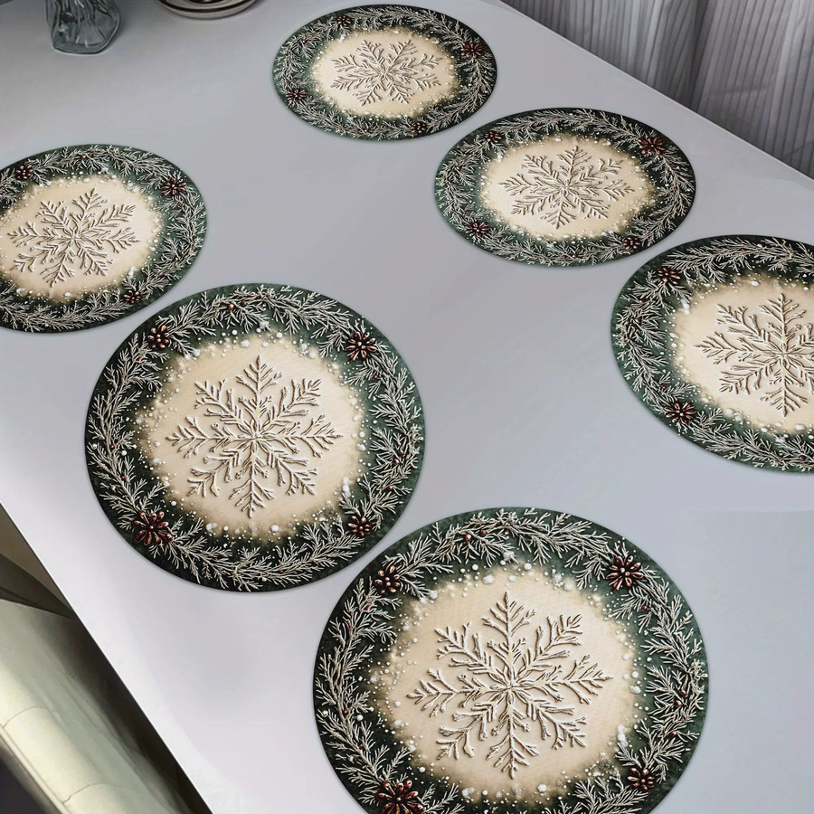 VIKAMA 6er Set Weihnachts-Tischsets mit Kiefernzweig und Schneeflocken für deine festliche Tischdekoration - Bild 2