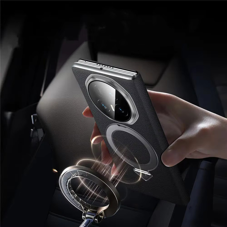 Sulada Echtleder Smart Window View MagSafe Flip Case für Honor Magic V6 und Honor Magic V5 mit Magnetring und Halterung Ständer in Schwarz - Bild 3