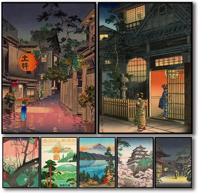 Potdemiel Retro Japanische Mount Fuji Landschaft Leinwand Wandkunst Multicolour - Bild 1