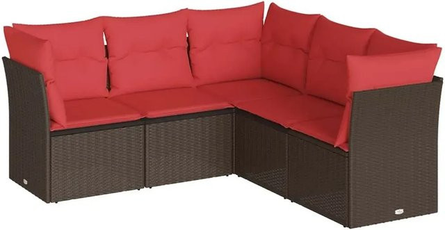 vidaXL 5-teilige Garten-Sofagarnitur in L-Form aus braunem Poly-Rattan mit Sitzkissen und Rückenkissen - Bild 1