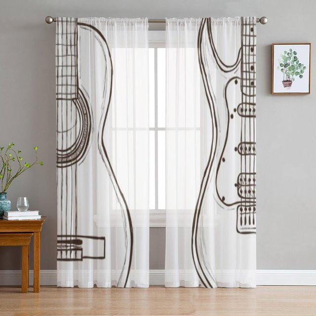 Super Six Transparenter Vorhang mit Musiknoten-Design in Schwarz Weiß, Organza-Voile für Wohnzimmer und Schlafzimmer, Breite: 135 cm, Höhe: 114 cm - Bild 1