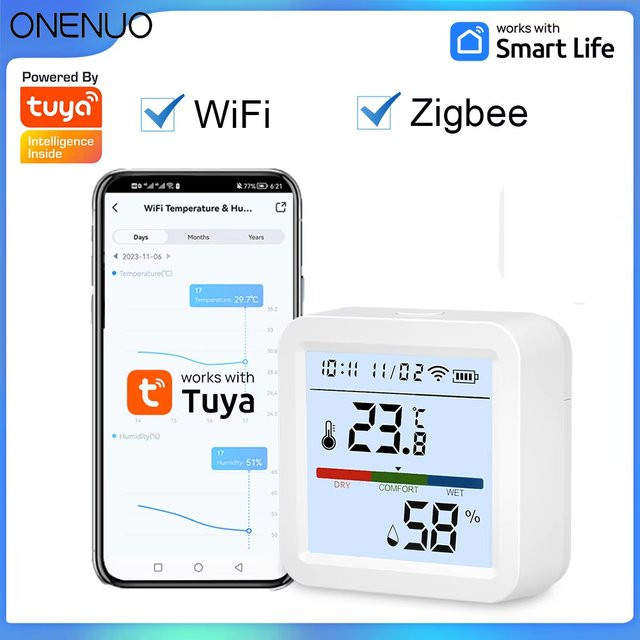 ONENUO Smart Home Temperatur- und Feuchtigkeitssensor mit Hintergrundbeleuchtung, WiFi Hygrometer und Thermometer, kompatibel mit Tuya Smart Life, Alexa und Google Assistant, Weiß - Bild 1