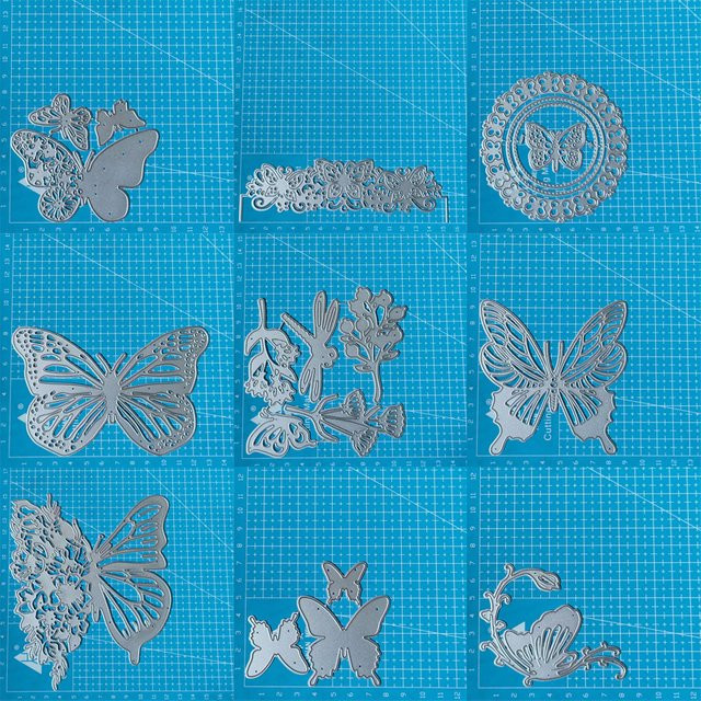 Metall Stanzschablone mit Schmetterling, Libelle und Blume in Silber für DIY Scrapbooking und Handwerk - Bild 1